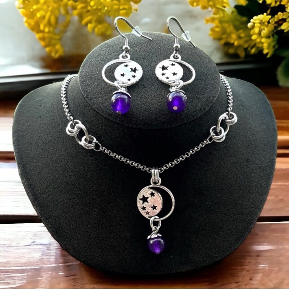 Set ! Moon & stars amethyst gemstones beads necklace + matching earrings boho
